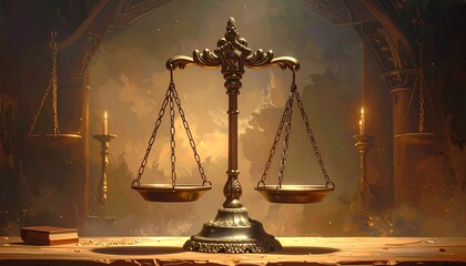 A balance scale—metal arms, candlelit, book nearby—rests in solemn symmetry. A metaphor for weighted truth and the choreography of contemplative justice.
