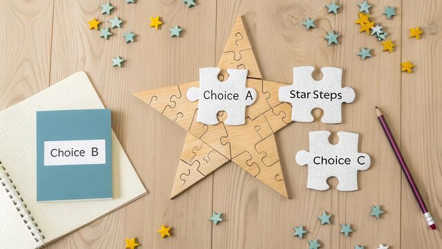 Colorful Puzzle Pieces on Wooden Table for Decision-Making Activities