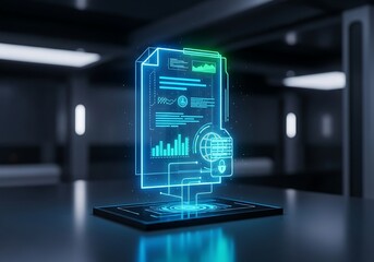 Holographic data report projection displaying detailed analysis with digital security protocol for comprehensive