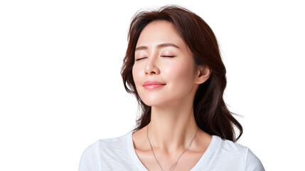 Serene Contemplation: A beautiful woman with closed eyes radiates peace and tranquility, captured in a headshot that evokes a sense of calm and mindfulness.