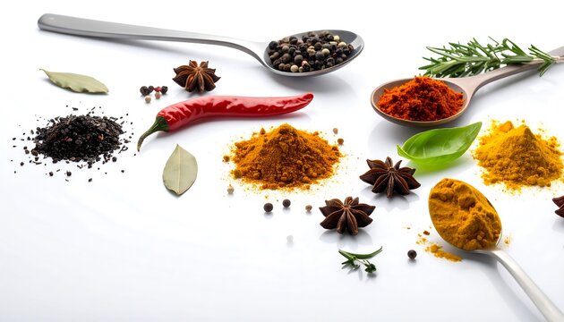 Colorful spices in spoons on a white background