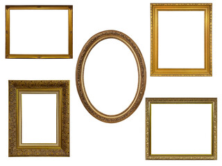 Ornate Gold Frame Set With Central Oval Frame for Gallery Wall and Home Decor, Set antique golden frame isolated on PNG background