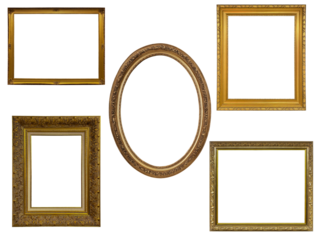 Ornate Gold Frame Set With Central Oval Frame for Gallery Wall and Home Decor, Set antique golden frame isolated on PNG background
