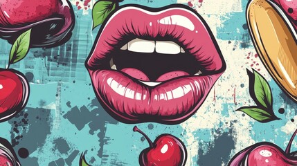 Vibrant and Playful Illustration of Lips Surrounded by Fruits