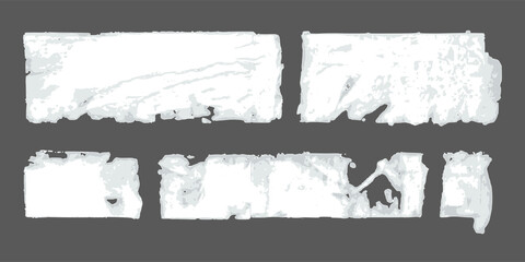 Several white ripped paper posters with glue residues on the wall bg. Torn peeled off paper of propaganda announcement or advertisement in urban space. Textured old backdrops. Vector illustration.