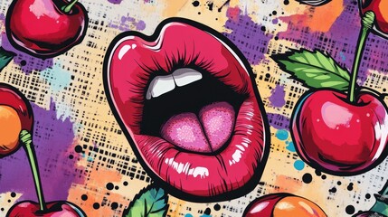 Colorful Pop Art Mouth with Cherry Background and Vibrant Colors