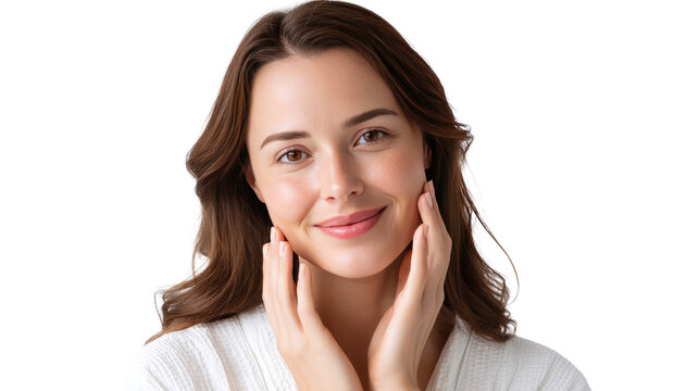 Glowing Skin: A radiant portrait of a woman with flawless skin, her touch highlighting the natural beauty and freshness of her complexion, promoting the concept of well-being and self-care.