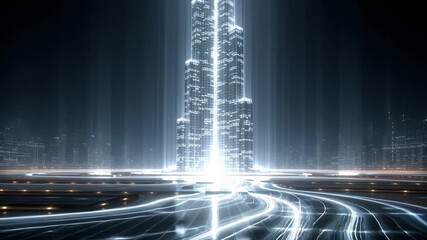 Luminous data streams and light trails flowing through a futuristic city highway, converging into a central glowing skyscraper that represents information technology and global connectivity - Powered by Adobe