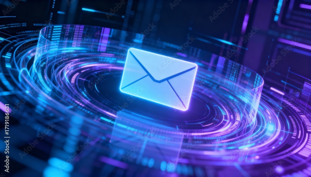 Poster futuristic data streams circling a floating envelope icon, data encryption concept, holographic styl