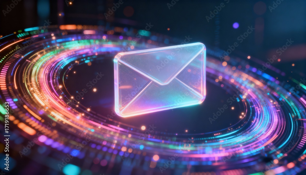 Poster futuristic data streams circling a floating envelope icon, data encryption concept, holographic styl