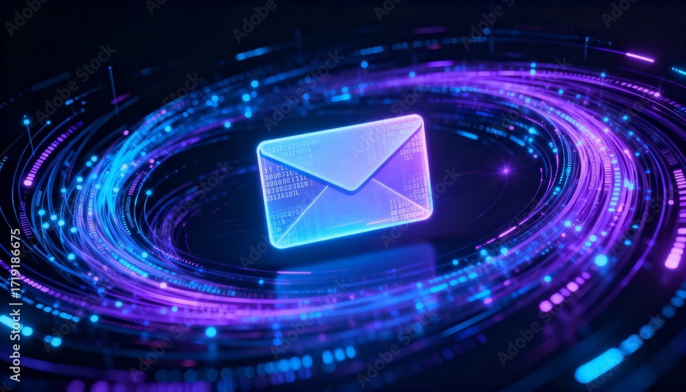Poster futuristic data streams circling a floating envelope icon, data encryption concept, holographic styl