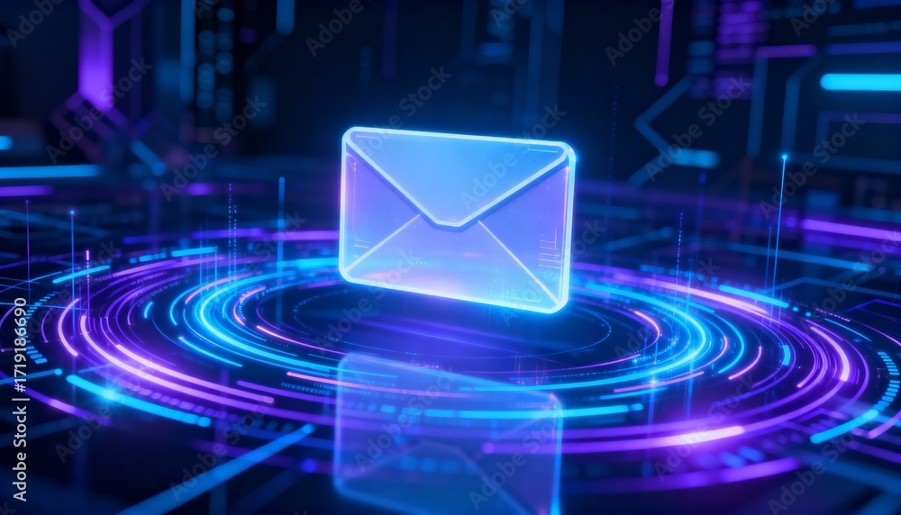 Poster futuristic data streams circling a floating envelope icon, data encryption concept, holographic styl