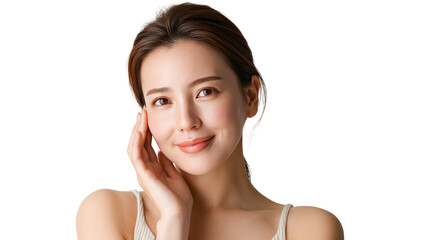 Glowing Skin, Radiant Beauty: Captivating portrait of a woman with flawless, luminous skin, expressing confidence, inner peace, and a gentle touch.