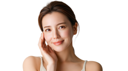 Glowing Skin, Radiant Beauty: Captivating portrait of a woman with flawless, luminous skin, expressing confidence, inner peace, and a gentle touch.