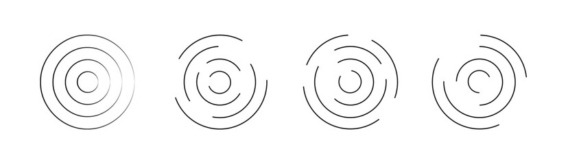 Set of circular ripple icons. Concentric circles with broken lines isolated on white background. Vortex, sonar wave, soundwave, sunburst, signal signs. Vector graphic illustration

