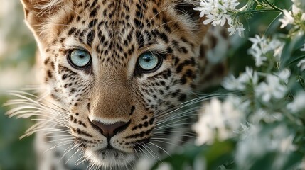 Fototapeta premium Close-Up Portrait of a Leopard Surrounded by White Flowers