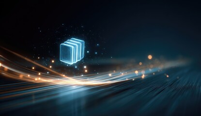 Glowing, futuristic cube icon on a dark background with abstract light trails