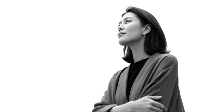 **Aspiring Glance: A young professional woman gazes upwards, a symbol of ambition and hope, her gaze a clear window into her dreams, captured in elegant monochrome.**