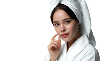 Skincare Serenity: A young woman with a towel wrapped around her head and a white bathrobe exudes tranquility, her hand gently touching her face, highlighting her smooth complexion.