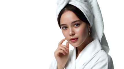 Skincare Serenity: A young woman with a towel wrapped around her head and a white bathrobe exudes tranquility, her hand gently touching her face, highlighting her smooth complexion.