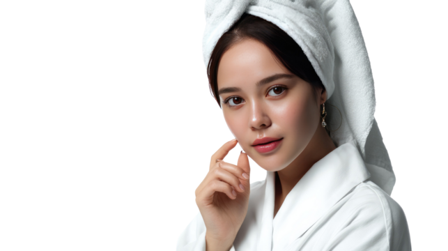 Skincare Serenity: A young woman with a towel wrapped around her head and a white bathrobe exudes tranquility, her hand gently touching her face, highlighting her smooth complexion.