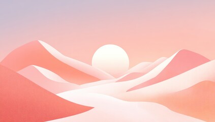 Pastel desert landscape at sunrise. Soft, blended colors of pink and peach create a serene desert scene with gentle dunes and a large, bright sun
