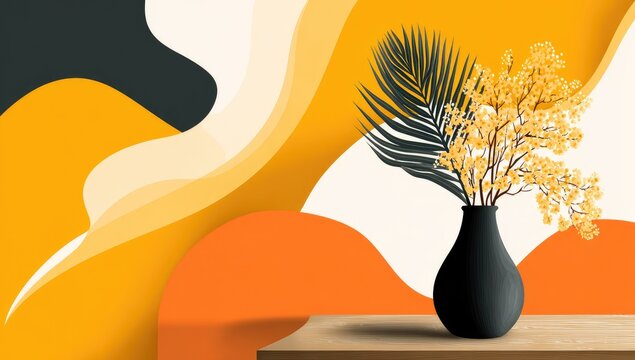 Abstract wall art with yellow flowers in vase - Powered by Adobe
