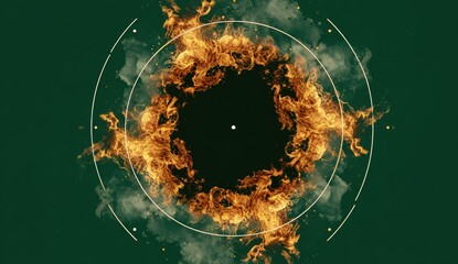 Abstract circular fiery explosion on dark green background