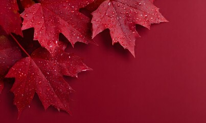 red maple leaves, raindrops, abstract autumn red background,