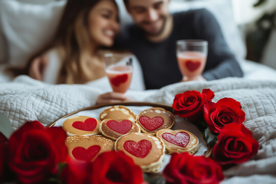 Romantic breakfast in bed with pancakes decorated with red heart shapes roses and couple smiling while holding drinks. Concept of Valentines Day love celebration romance and intimate moments.
