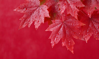 red maple leaves, raindrops, abstract autumn red background,