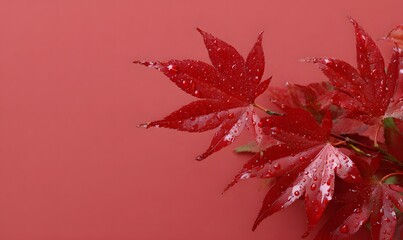 red maple leaves, raindrops, abstract autumn red background,