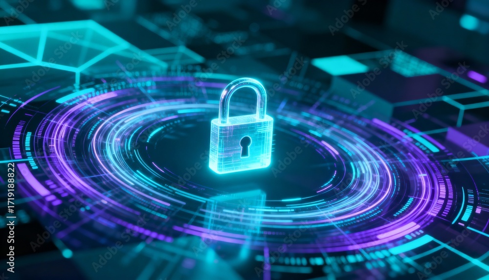 Poster futuristic data streams circling a floating lock icon, data encryption concept, holographic style, a