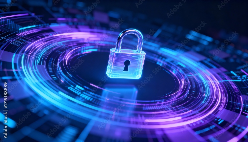 Poster futuristic data streams circling a floating lock icon, data encryption concept, holographic style, a