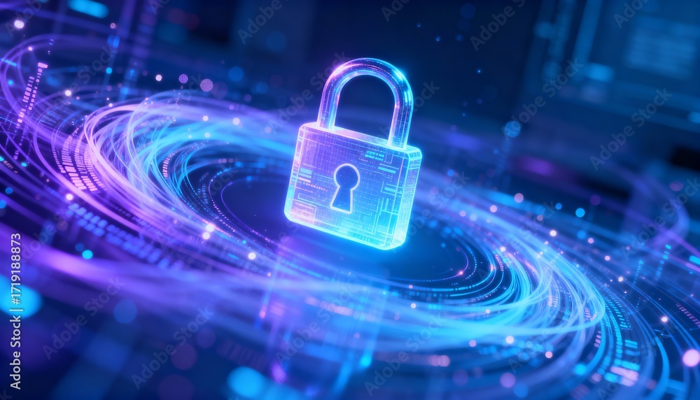 Poster futuristic data streams circling a floating lock icon, data encryption concept, holographic style, a
