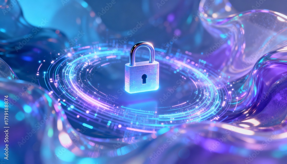 Poster futuristic data streams circling a floating lock icon, data encryption concept, holographic style, a