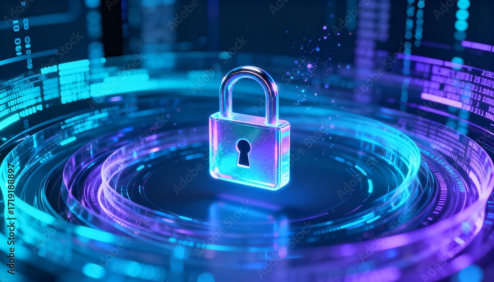 Poster futuristic data streams circling a floating lock icon, data encryption concept, holographic style, a