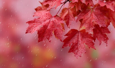 red maple leaves, raindrops, abstract autumn red background,