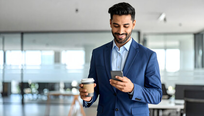 The Modern Professional: A distinguished man in a smart suit, strides through a contemporary office space, engrossed in his mobile phone and clutching a coffee cup.