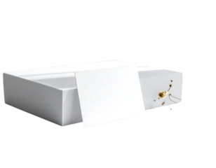 A pristine white rectangular box, slightly ajar, reveals a blank white card partially protruding.  Small, indistinct gold speckles adorn one side