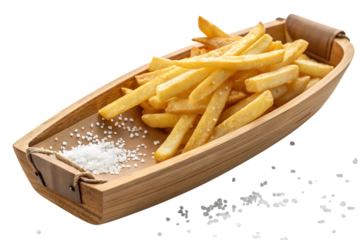 French fries in a boat shaped takeaway wooden tray crispy golden perfect