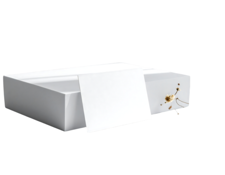 A pristine white rectangular box, slightly ajar, reveals a blank white card partially protruding.  Small, indistinct gold speckles adorn one side