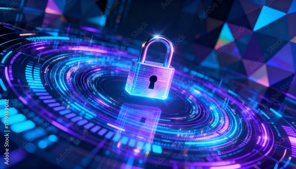 Poster futuristic data streams circling a floating lock icon, data encryption concept, holographic style, a