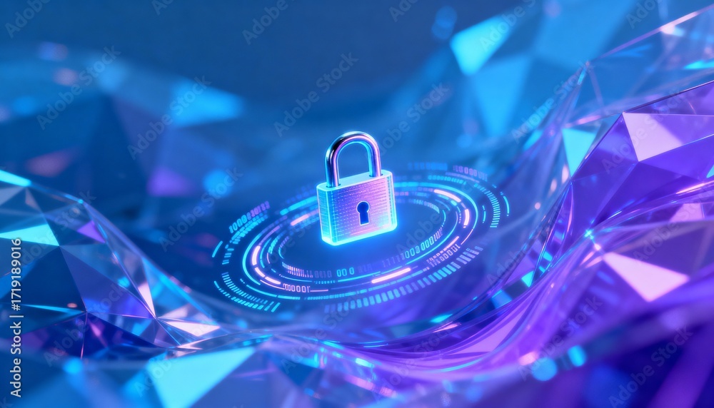 Poster futuristic data streams circling a floating lock icon, data encryption concept, holographic style, a