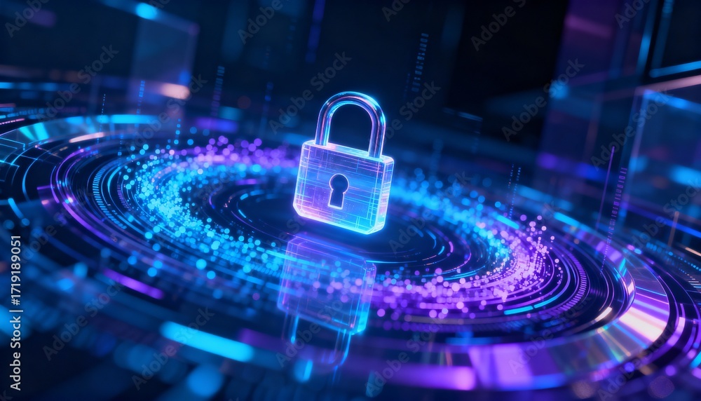 Poster futuristic data streams circling a floating lock icon, data encryption concept, holographic style, a