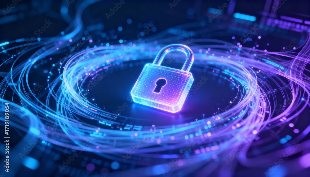 Poster futuristic data streams circling a floating lock icon, data encryption concept, holographic style, a
