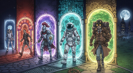Travelers from different historical eras stepping out of glowing magical portals, a fantasy and science fiction illustration of time travel, adventure, and parallel universes