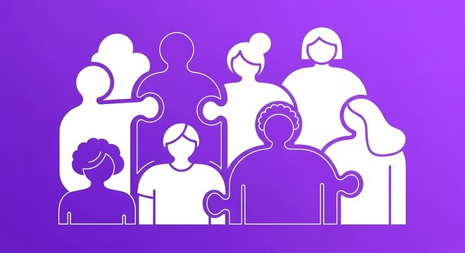 Diverse people puzzle pieces united community collaboration illustration diversity inclusion teamwork unity group connection solution purple