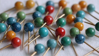 Colorful pushpins on a white surface