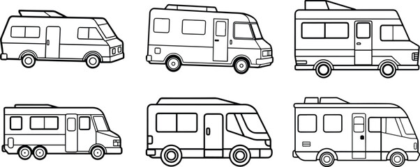 Collection of motorhome line art, black outline, vector and illustration